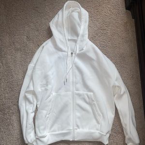 white zip up hooded jacket, never worn, size large